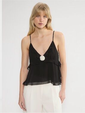 Aritzia Blossom Black Ruffle Camisole Flower Spaghetti Strap XXS Y2k